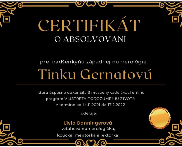 CERTIFIKÁT O ABSOLVOVANÍ 3 MESAČNÉHO PROGRAMU – V ÚSTRTEY POROZUMENIU ŽIVOTA