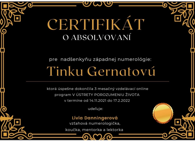 CERTIFIKÁT O ABSOLVOVANÍ 3 MESAČNÉHO PROGRAMU – V ÚSTRTEY POROZUMENIU ŽIVOTA